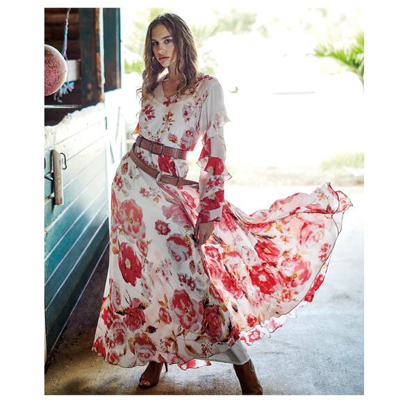 Rococo Sand V-Neck Floral Belted Maxi Dress - Picture 1 of 11